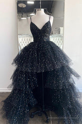 Black V-Neck Tulle Long Prom Dresses, High Low Evening Party Dresses